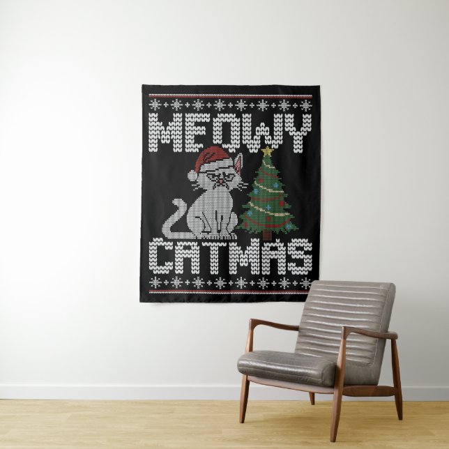 Tapiz Meowy Catmas Knitted Cat Tapestry (In situ)