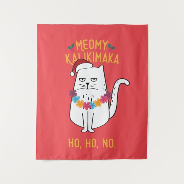Tapiz Meowy Kalikimaka Funny Cat Santa Hat Navidades (Anverso)