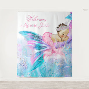 Tapiz Mermaid Baby Shower Backdrop Brunette Mermaid