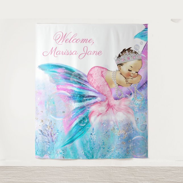 Tapiz Mermaid Baby Shower Backdrop Brunette Mermaid (Anverso)