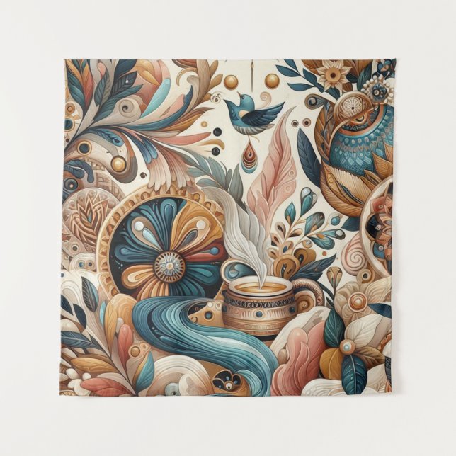 Tapiz Mezcla bohemia de flores verde azuladas, magenta y (Anverso)