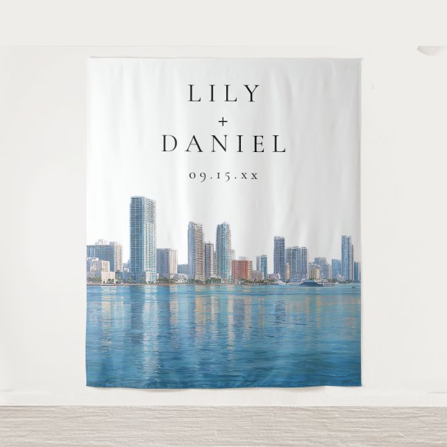 Tapiz Miami Skyline Wedding Photo Backdrop (Anverso)