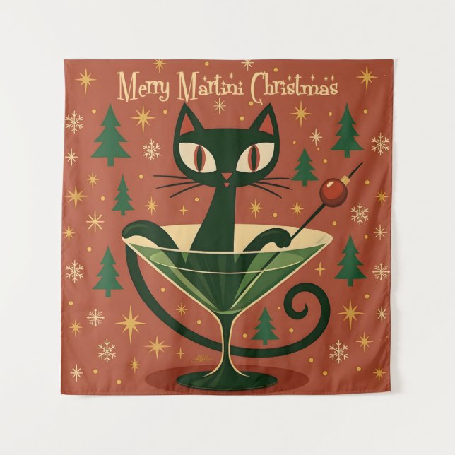 Tapiz Mid Century Black Cat Merry Martini Christmas (Anverso)
