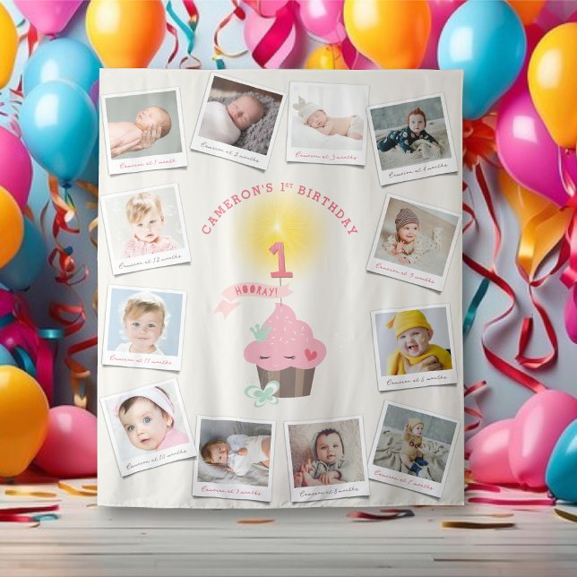 Tapiz Miss Chica De Pastel Rosa Cumpleaños 12 Foto Fondo (Miss Pink Cupcake Girl's 1st Birthday 12 Photo Backdrop Tapestry @ fatfatin_mini_me)