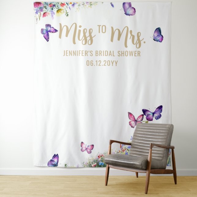 Tapiz Miss Mrs Boho Butterfly Wildflower Bridal Backdrop (In situ)