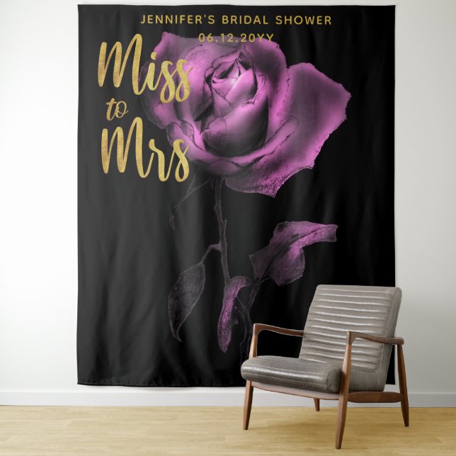 Tapiz Miss Mrs Moody Purple Rosa Dark Bridal Backdrop (In situ)