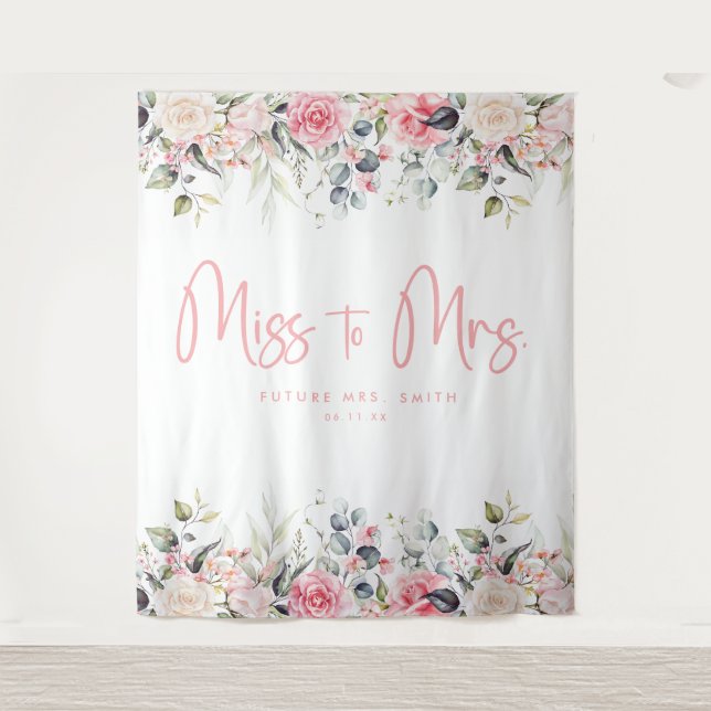 Tapiz Miss To Mrs Pink Floral Bridal Shower Backdrop (Anverso)
