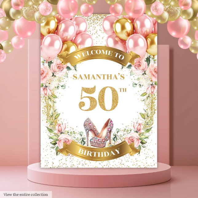 Tapiz Moda 50.º cumpleaños Banner Purpurina de tacones r (Chic 50th Birthday Pink Heels Glitter Party Banner)