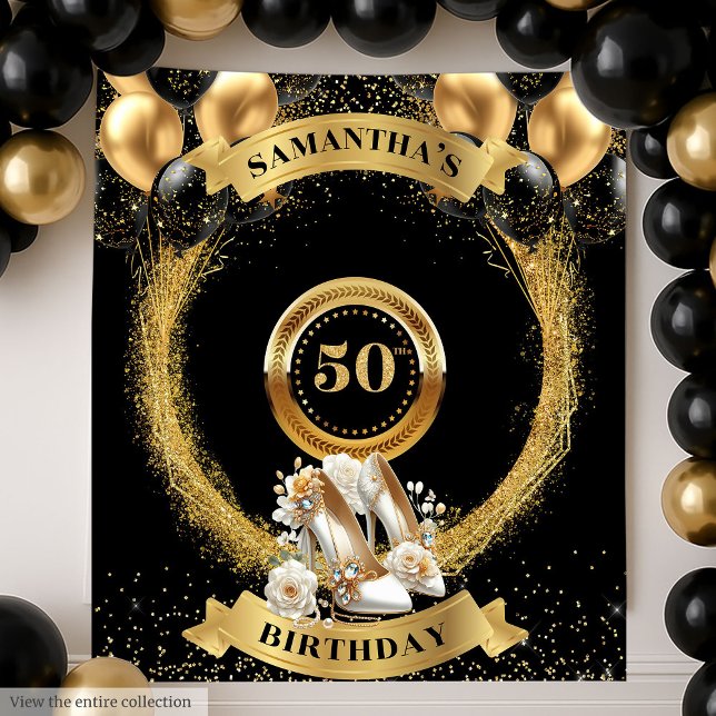 Tapiz Moda 50.º Nacimiento Banner Talones Purpurinas de  (Chic 50th Birthday Banner Gold Glitter Heels Tapestry)