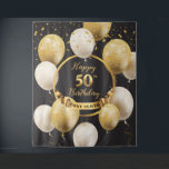 Tapiz Moda de Banner Gold And Black 50th Birthday Backdr<br><div class="desc">Este es un cartel de fondo de polluelo para una cabina de fotos que incluye globos dorados y blancos y destellos purpurinas de oro. Contáctame por otra edad.</div>