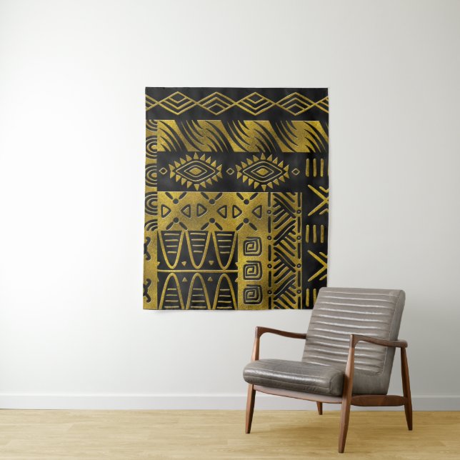 Tapiz Modelo de oro africano étnico en negro (In situ)