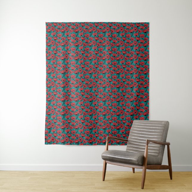 Tapiz Modern Abstract Red Poppy Floral Pattern (In situ)