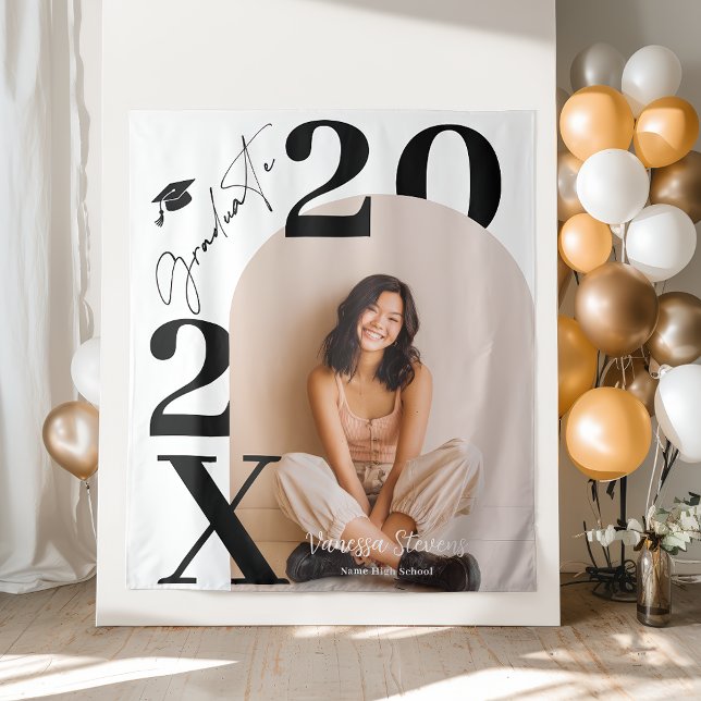 Tapiz Modern Bold Black white Trendy photo graduation (Modern Bold Black white Trendy photo graduation Tapestry)