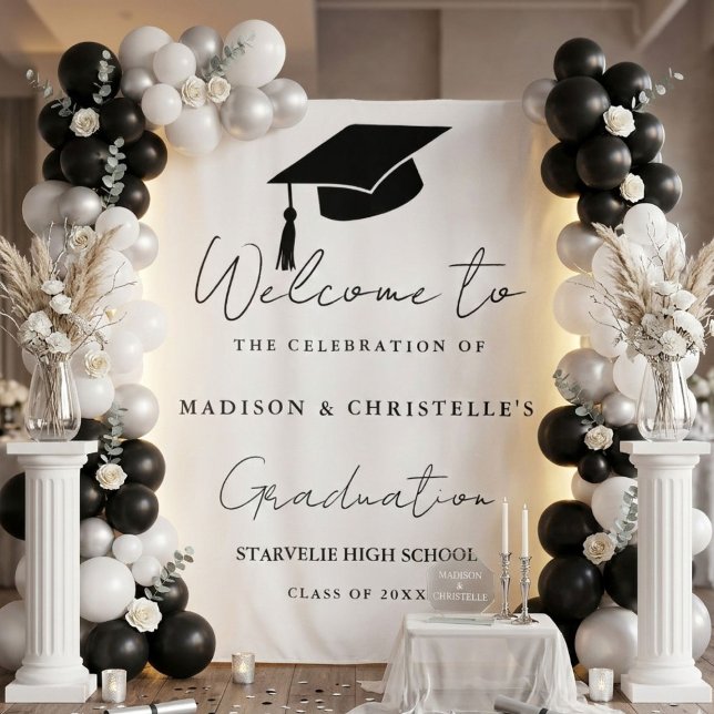 Tapiz Modern Casual Script Twin Graduation Party Welcome (Subido por el creador)
