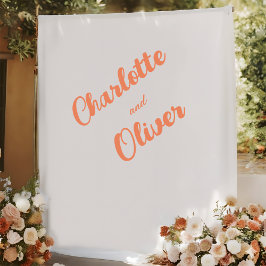 Tapiz Modern Coral Orange Couple Names Wedding Backdrop