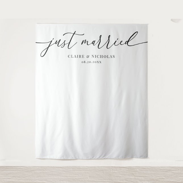 Tapiz Modern Elegant Just Married Wedding Photo Backdrop (Anverso)
