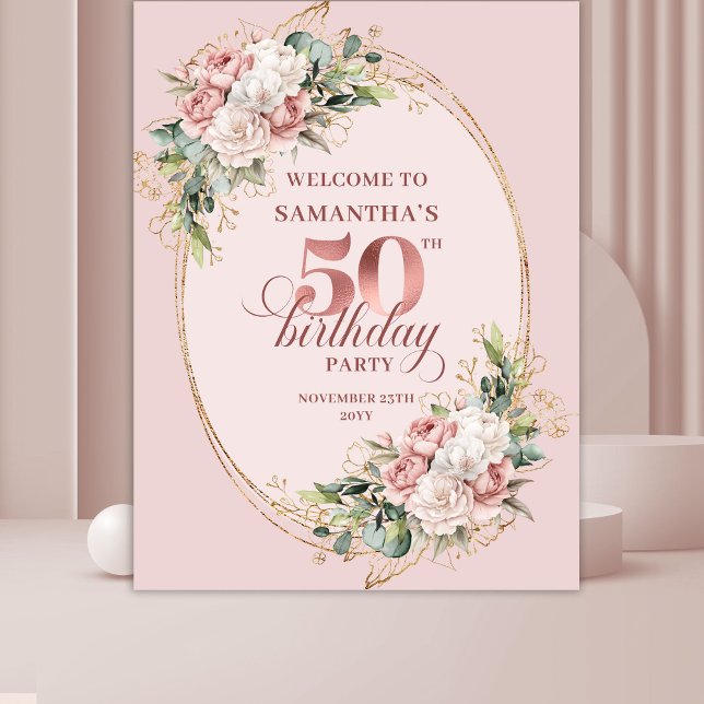 Tapiz Modern Feminine Rose Gold 50th Birthday Banner (Modern Feminine Rose Gold 50th Birthday Banner)