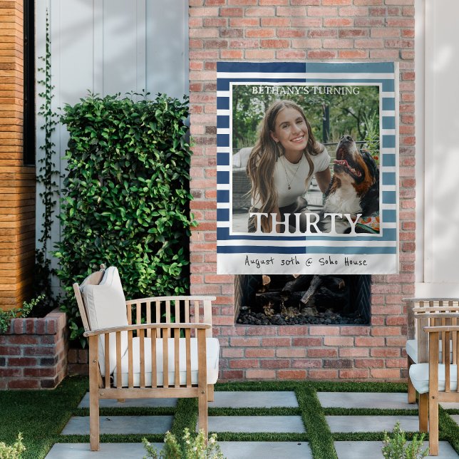 Tapiz Modern Minimalist Striped 30th Birthday Photo (Celebrate the beginning of a new decade with this Modern Minimalist Striped 30th Birthday Tapestry!)