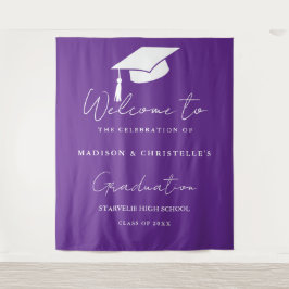Tapiz Modern Purple Script Twin Graduation Party Welcome