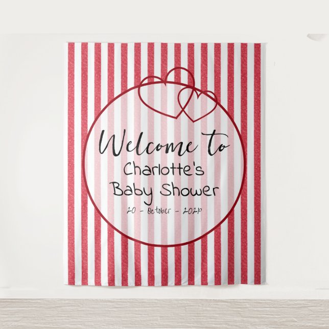 Tapiz Modern Red Chalk Stripes Double Hearts Baby Shower (Anverso)