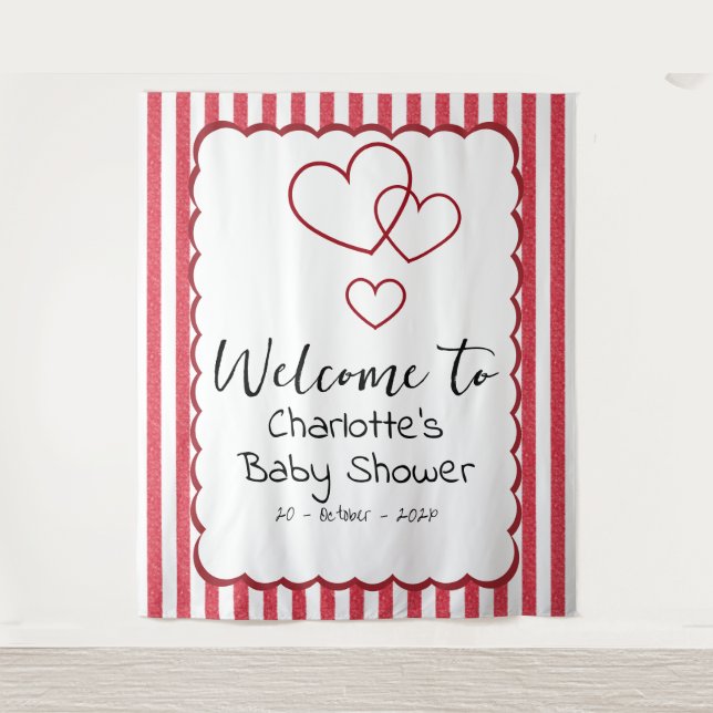 Tapiz Modern Red Chalk Stripes Triple Hearts Baby Shower (Anverso)