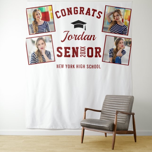 Tapiz Modern Red White Graduation 4 Photo Booth Backdrop (In situ)