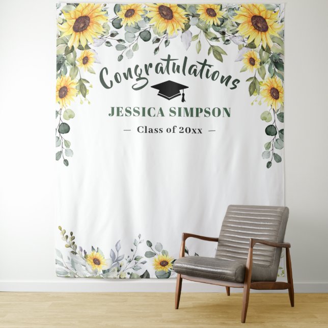 Tapiz Modern Sunflowers Eucalyptus Photo Grad Backdrop (In situ)
