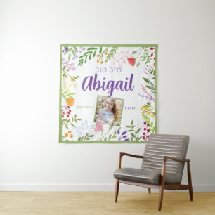 Tapiz Moderna Bat Floral Mitzvah Foto Signo de bienvenid
