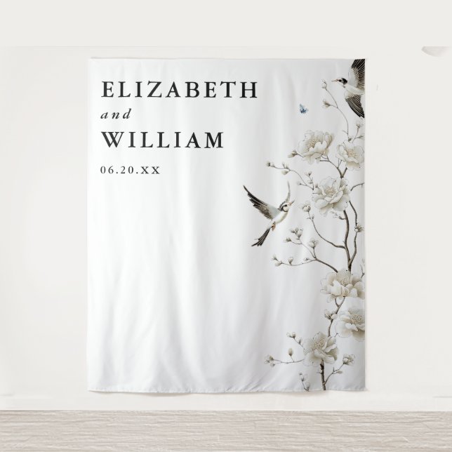 Tapiz Moderna y elegante Boda Chinoiserie con fondo foto (Anverso)