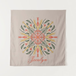 Tapiz Modernidad Botánica Verde Boho Mandala Naranja Nom