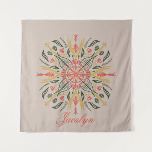 Tapiz Modernidad Botánica Verde Boho Mandala Naranja Nom