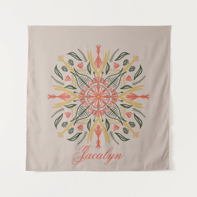 Tapiz Modernidad Botánica Verde Boho Mandala Naranja Nom (Anverso)