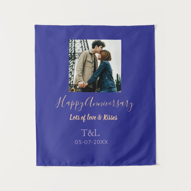 Tapiz moderno boho feliz aniversario agregar nombre azul (Anverso)