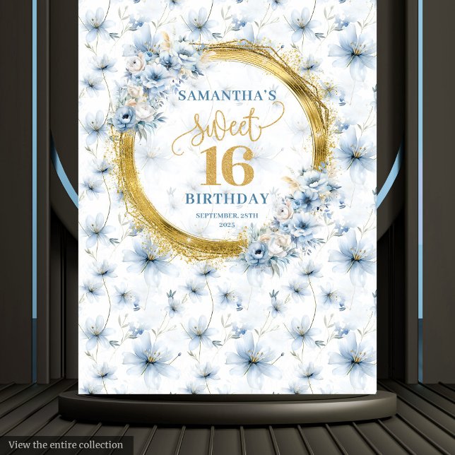Tapiz moderno con brillo dorado Sweet 16 azul polv (Modern Dusty Blue Sweet 16 Gold Glitter Tapestry Decor)