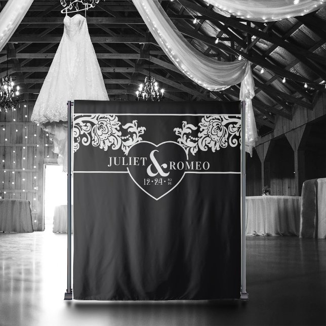Tapiz Moderno telón de fondo negro y blanco elegante de  (elegant black and white wedding backdrop for photo booth)