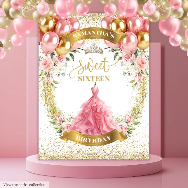 Tapiz Moderno y dulce Dieciséis fondos de los Globos de  (Modern Sweet Sixteen Backdrop Blush Gold Balloons)