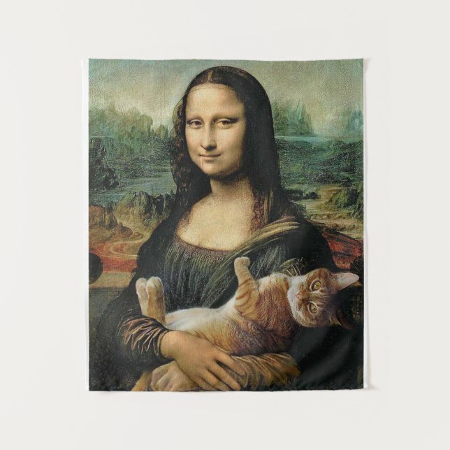 Tapiz Mona Lisa sosteniendo su arte de gato Leonardo da  (Anverso)
