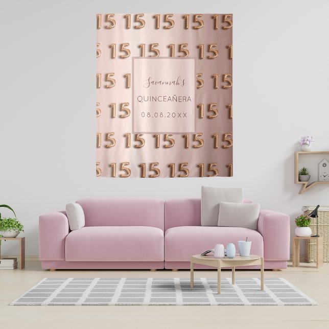 Tapiz Monograma 15 de monograma rosa rosa Quinceanera (Subido por el creador)