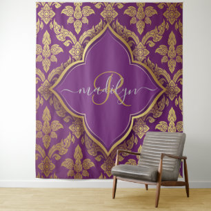 Tapiz Monograma del patrón de Damasco Royal Purple Gold