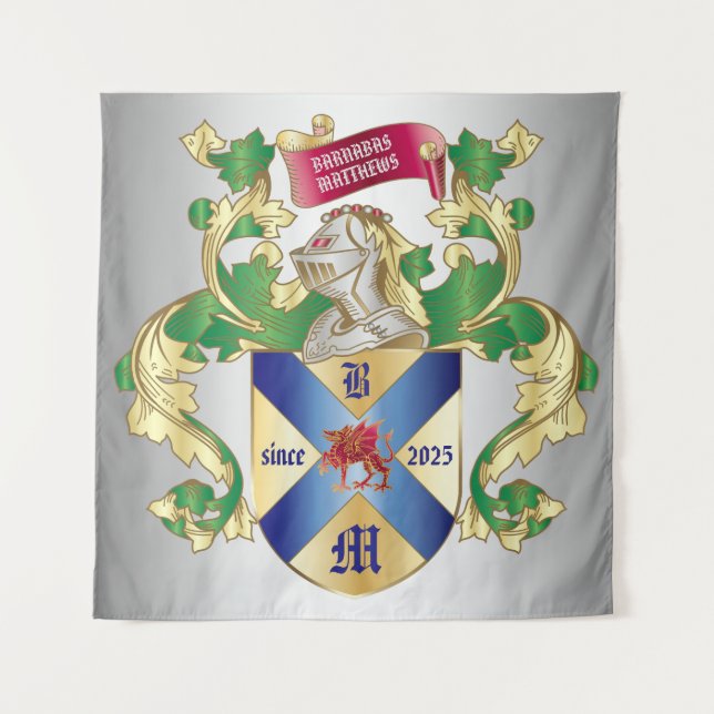 Tapiz Monograma escudo de armas plata caballero dragón (Anverso)