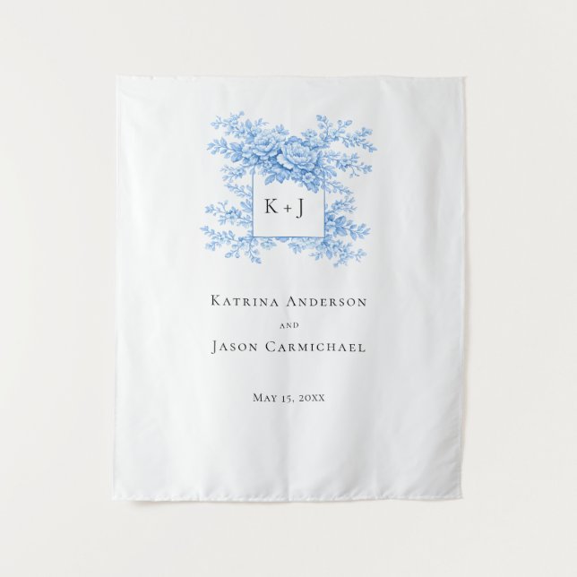 Tapiz Monograma Floral de Boda Chinoiserie Elegante (Anverso)