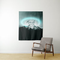 Monograma misterioso de neón azul de montaña nevad