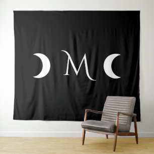 Tapiz Monograma moderno de luna creciente negro y blanco