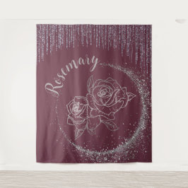 Tapiz Monograma Nombre Purpurina plateado y Rosas en bur