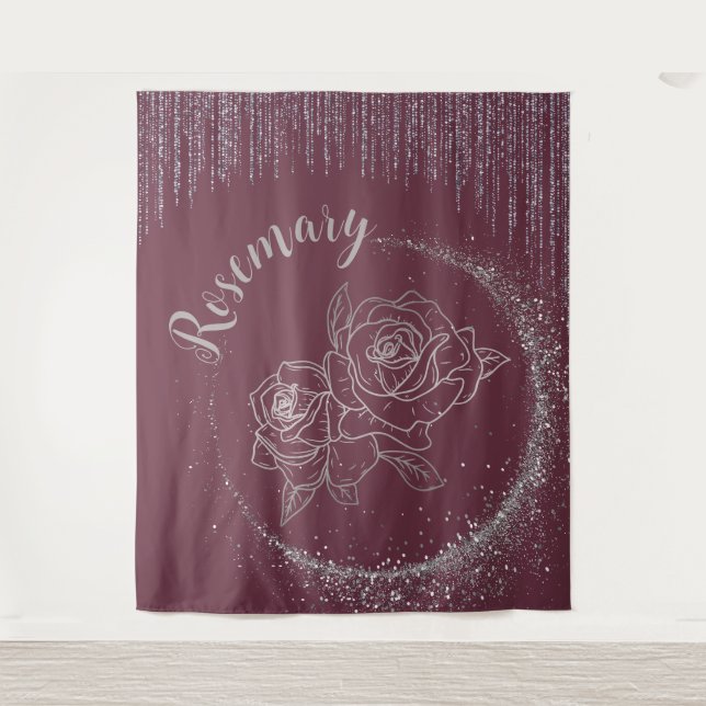 Tapiz Monograma Nombre Purpurina plateado y Rosas en bur (Anverso)