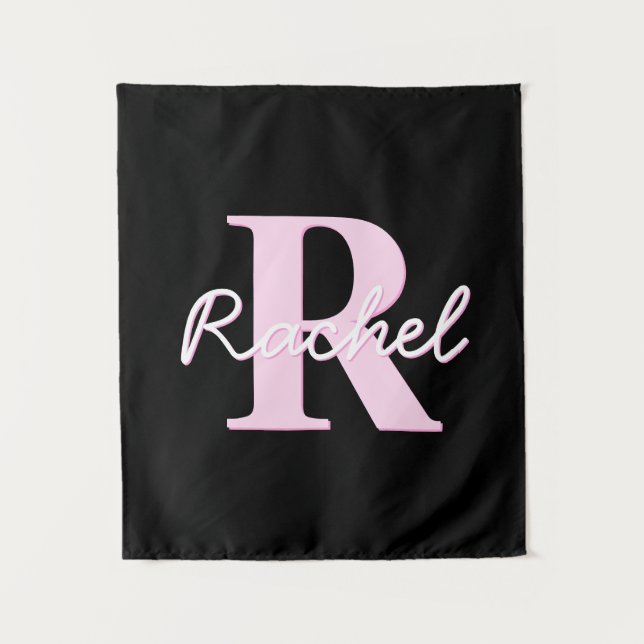Tapiz Monograma personalizable lindo | Rosa claro y negr (Anverso)