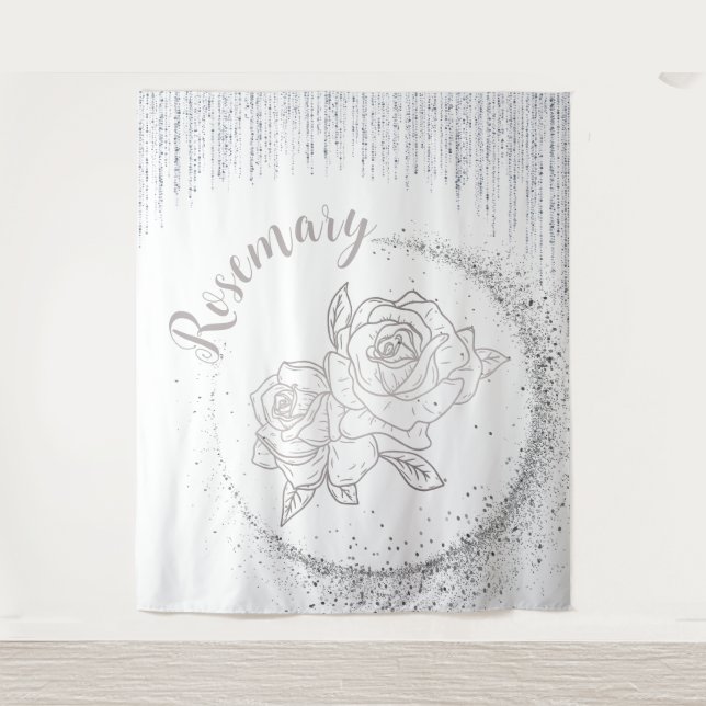 Tapiz Monograma Purpurina plateado y Rosas en blanco | (Anverso)