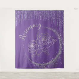 Tapiz Monograma Purpurina plateado y Rosas en morado |