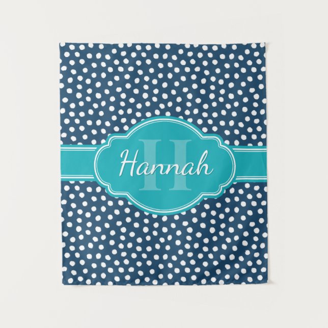 Tapiz Monograma Verde azulado del patrón blanco punteado (Anverso)