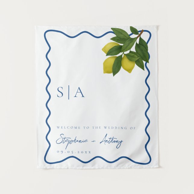 Tapiz Monograms Lemon Citrus, Blue Wave Border Wedding   (Anverso)